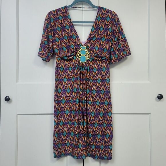 Umgee Multicolor V-Neck Dress with Geometric Pattern, Medium - Picture 3 of 8